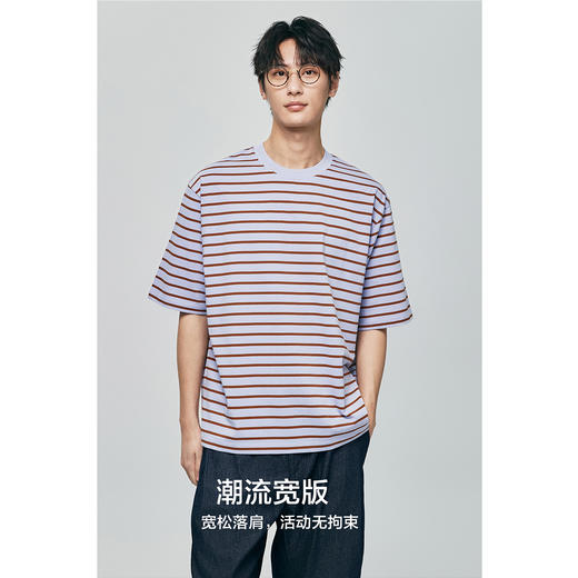 棉仓363801032-宽松落肩圆领条纹T 商品图1