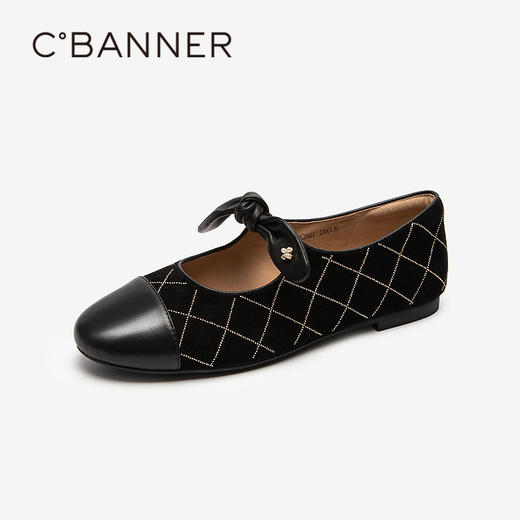 千百度拼接羊皮玛丽珍鞋女蝴蝶结平底小香风晚晚单鞋A25482462 商品图1