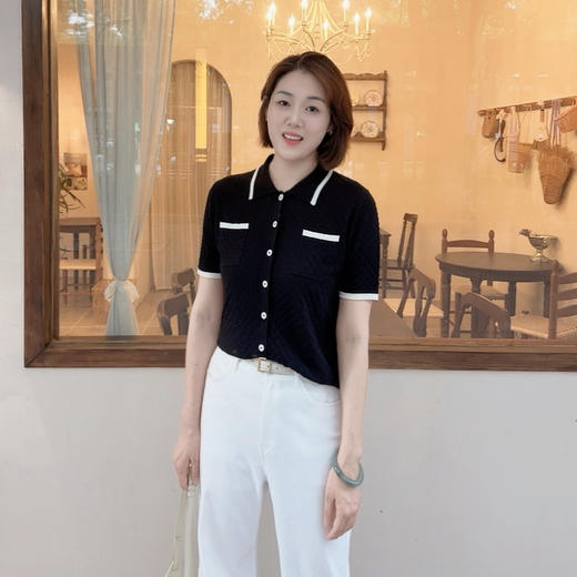 火桐hooton 大航海家 真丝羊毛撞色针织短袖开衫G478 商品图1