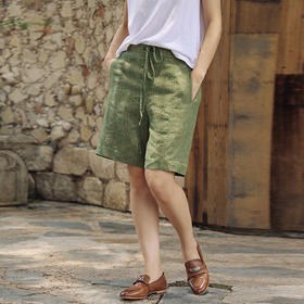 绽放400朵/【多巴胺系列】色织亚麻中裤半腰松紧内加抽绳显瘦短裤