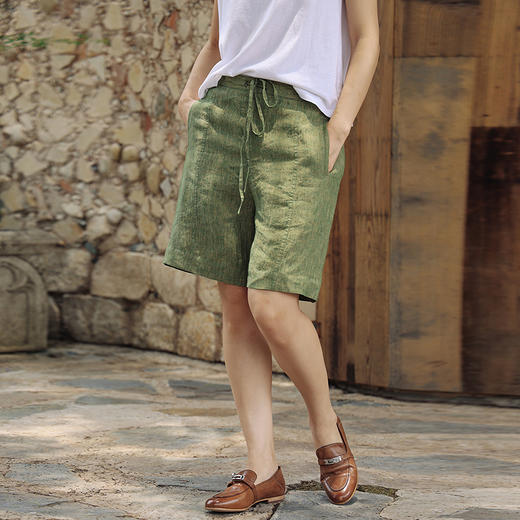 绽放400朵/【多巴胺系列】色织亚麻中裤半腰松紧内加抽绳显瘦短裤 商品图0