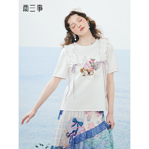 两三事 香榭喵喵 2025夏季新款木耳边拼接猫咪印花刺绣短袖t恤女 商品图0