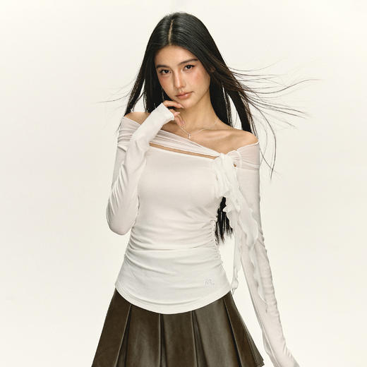 Ariseism 美式复古设计感双色网纱绑带一字肩长袖t恤女秋修身上衣 商品图2