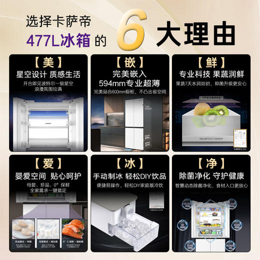 卡萨帝（Casarte）揽光系列477升超薄零嵌入式手动制冰一级能效国家补贴20%BCD-477WGCTDM4WKU1T型十字门冰箱 商品图2