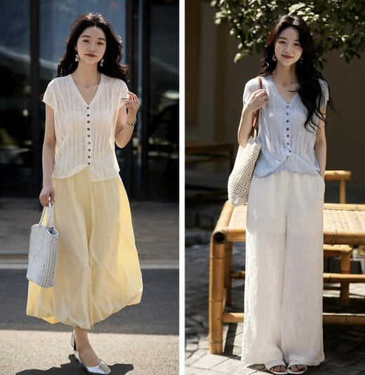 竹节麻小蛮腰V领小飞袖上衣 商品图6