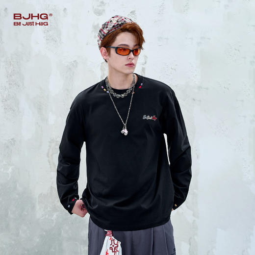 BJHG不计后果国潮彩绣纯棉长袖白色t恤男款春秋休闲内搭情侣装T恤 商品图1