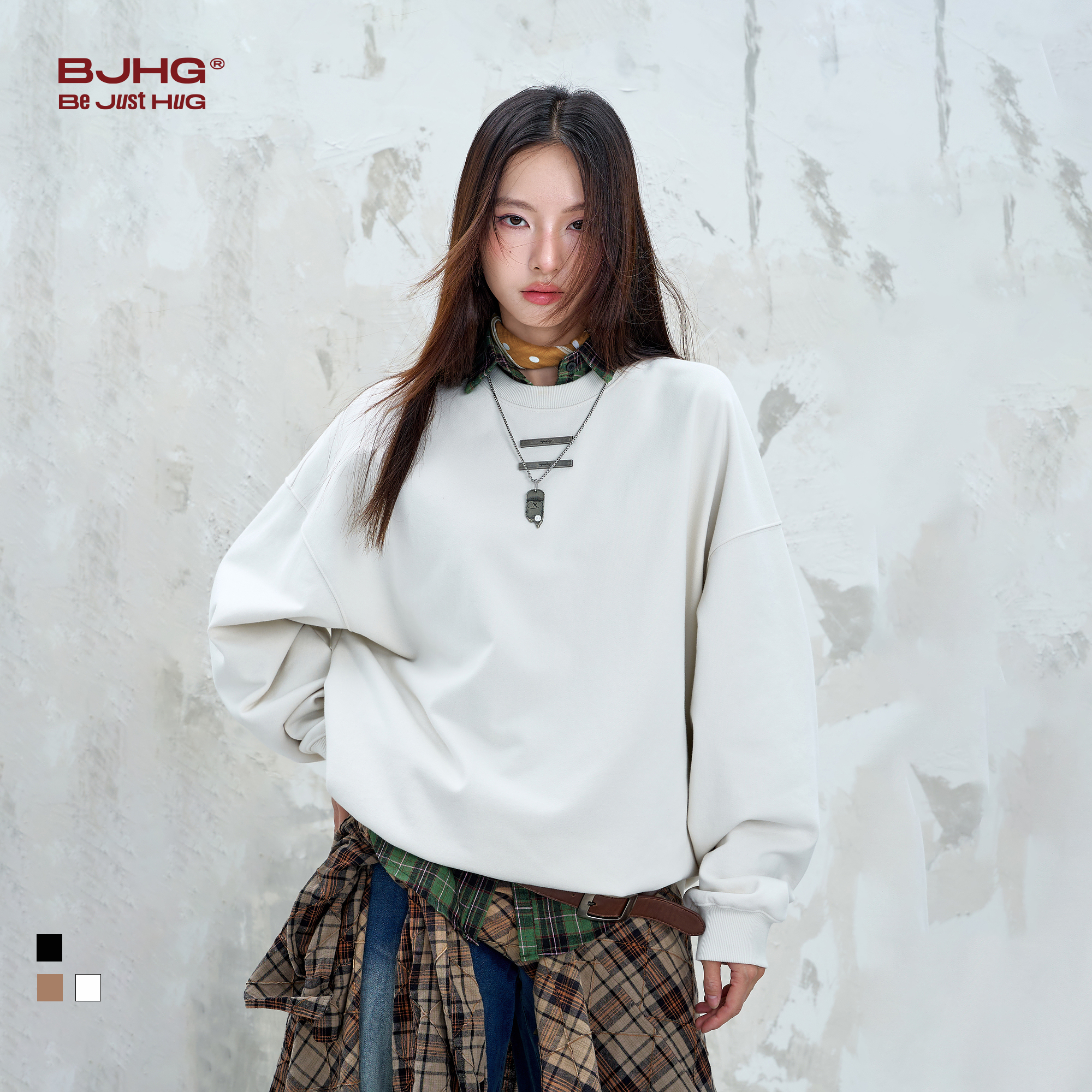 BJHG不计后果美式休闲圆领卫衣男生春秋2025新款恒温暖皮简约卫衣