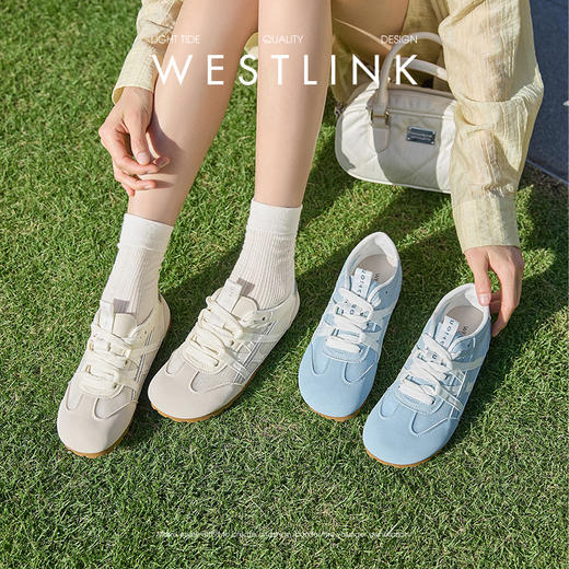 西遇夏季薄款德训鞋女新款百搭小白鞋平底蓝色透气网面运动鞋K1256842 商品图0