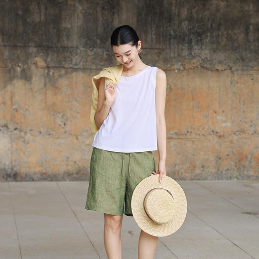 绽放400朵/【多巴胺系列】色织亚麻中裤半腰松紧内加抽绳显瘦短裤 商品图1