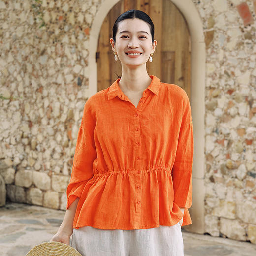 绽放女装370朵/【多巴胺系列·橘子汽水】亚麻开衩抽绳设计感衬衫 商品图1