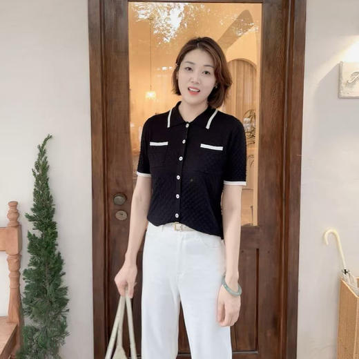 火桐hooton 大航海家 真丝羊毛撞色针织短袖开衫G478 商品图0