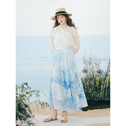 两三事沁凉海滩2025夏新款温柔风蕾丝拼接印花高腰半身裙飘逸长裙 商品图2