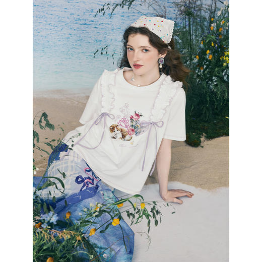 两三事 香榭喵喵 2025夏季新款木耳边拼接猫咪印花刺绣短袖t恤女 商品图1