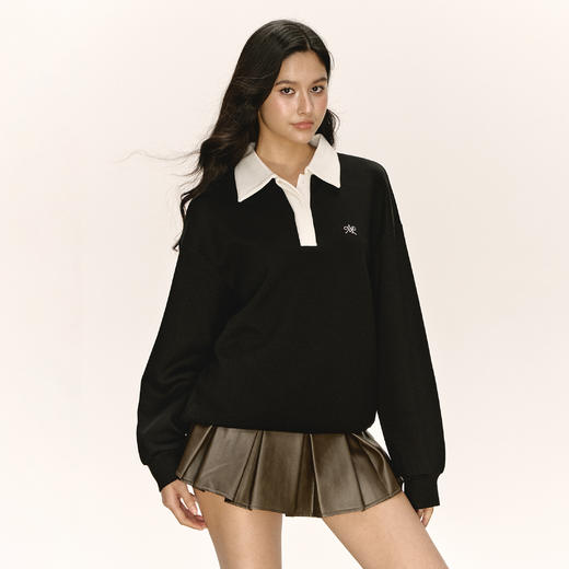 Ariseism 美式复古双色拼接POLO领卫衣外套女秋季新款宽松上衣 商品图3