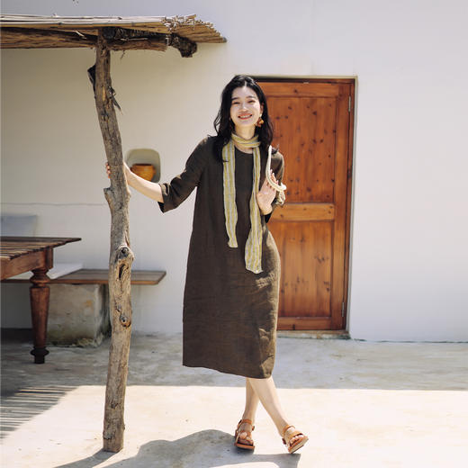 绽放427朵/【多巴胺系列·三姊妹】重磅砂洗粗亚麻七分袖连衣裙女 商品图0