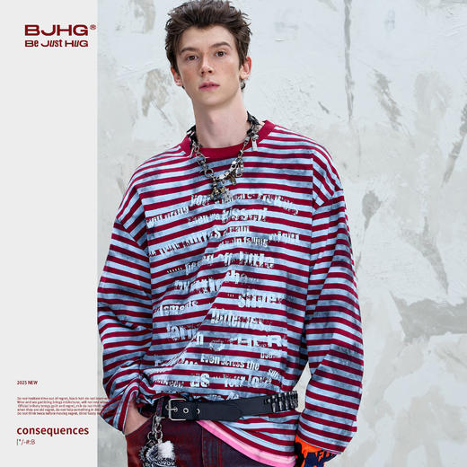 BJHG不计后果做旧条纹长袖t恤男款秋季2025新款美式复古高级感T恤 商品图4