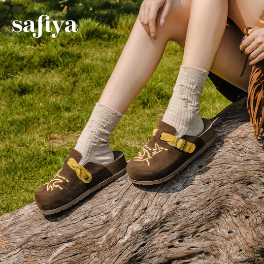 预售~Safiya/索菲娅2025小众复古刺绣飞鸟百搭拼色厚底懒人包头勃肯拖SFD3110150 商品图8