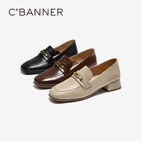 千百度双C拥抱粗跟乐福鞋女经典通勤深口单鞋豆豆鞋A25412302