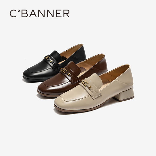 千百度双C拥抱粗跟乐福鞋女经典通勤深口单鞋豆豆鞋A25412302 商品图0