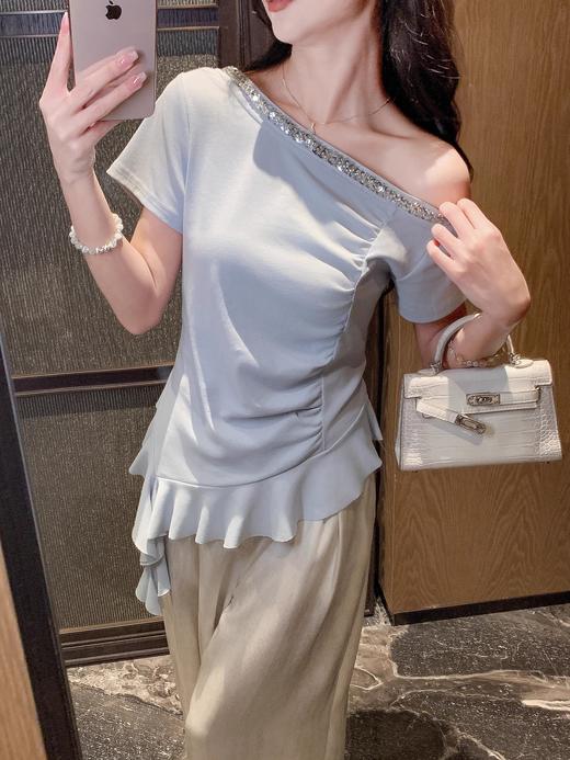 张心子【南法假日】夏日气质露肩斜肩短袖上衣 U2506001 商品图1