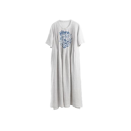 绽放女装378朵/【多巴胺系列】色织亚麻塔克蓝印花短袖连衣裙女夏 商品图4