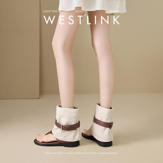 西遇平底凉靴女新款夏季复古辣妹皮带扣黑色中筒靴子夹趾凉鞋V0056890 商品图2