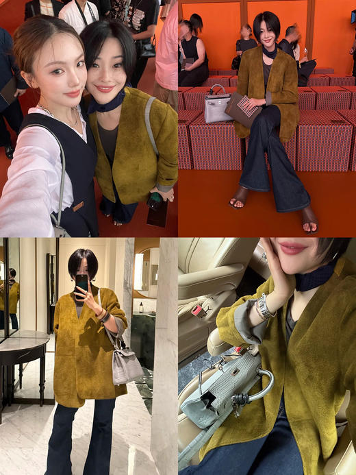 HIDEMI 橄榄姜绿进口长绒绵羊皮麂皮皮衣v领大廓形垫肩西装 商品图1