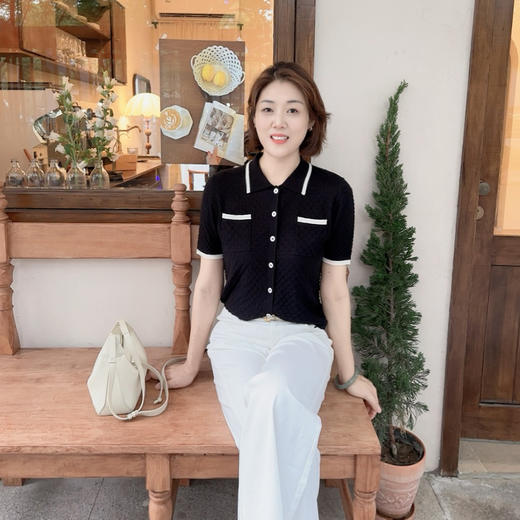 火桐hooton 大航海家 真丝羊毛撞色针织短袖开衫G478 商品图3