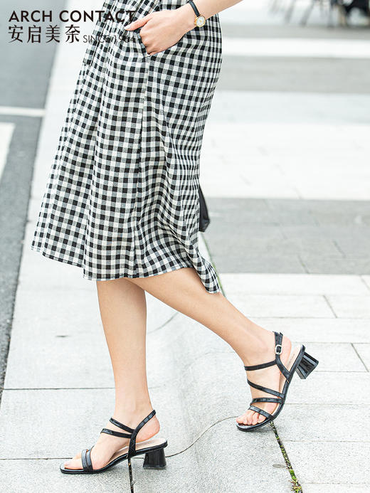 ARCHCONTACT安启美奈夏季一字扣带气质方头中跟除根仙女风凉鞋52151 商品图2