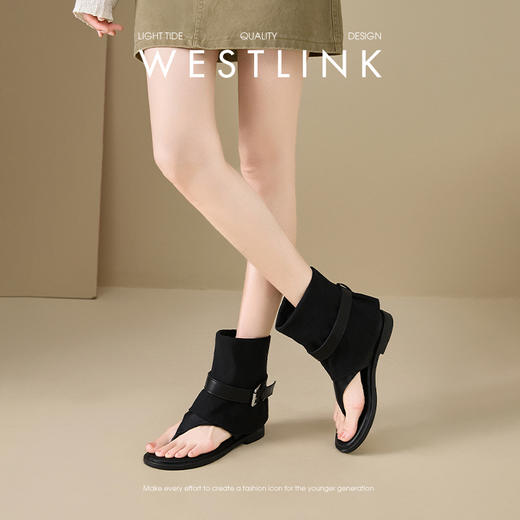 西遇平底凉靴女新款夏季复古辣妹皮带扣黑色中筒靴子夹趾凉鞋V0056890 商品图3