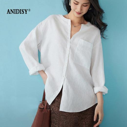 初秋新品时尚简约圆领长袖单排扣宽松亚麻衬衫 商品图1