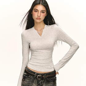 Ariseism 美式复古基础款V领长袖t恤女秋新款修身上衣薄款打底衫