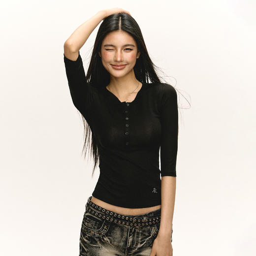 Ariseism 美式复古亨利领紧身长袖T恤女秋季新款修身中袖打底上衣 商品图4