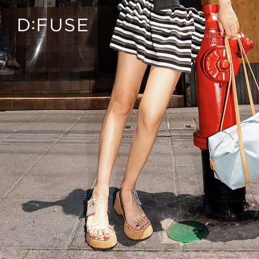 Dfuse迪芙斯2025夏季新款木纹拖鞋耀眼钻扣仙女风坡跟凉拖DFD2110001 商品图1