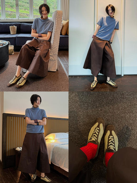 HIDEMI 进口巧克力色麂皮拼接编织复古德训绑带球鞋 商品图1