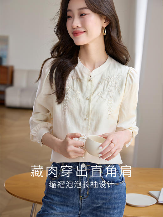 【五折购】熙世界新中式国风刺绣长袖衬衫女高级感气质醋酸衬衣2025秋新款 商品图2