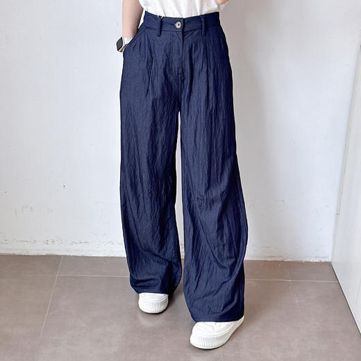 新款百搭休闲透气亚麻长裤阔腿裤肌理感自然褶皱休闲裤 商品图4