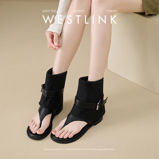 西遇平底凉靴女新款夏季复古辣妹皮带扣黑色中筒靴子夹趾凉鞋V0056890 商品图1