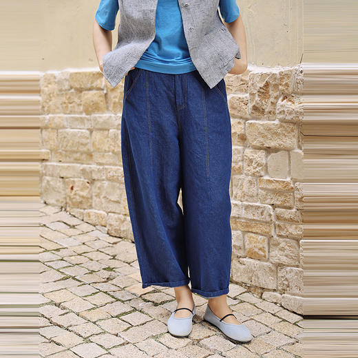 绽放397朵/多巴胺系列汉麻棉半腰松紧分割线设计撞色绗线牛仔裤女 商品图2