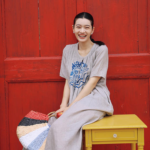 绽放女装378朵/【多巴胺系列】色织亚麻塔克蓝印花短袖连衣裙女夏 商品图2