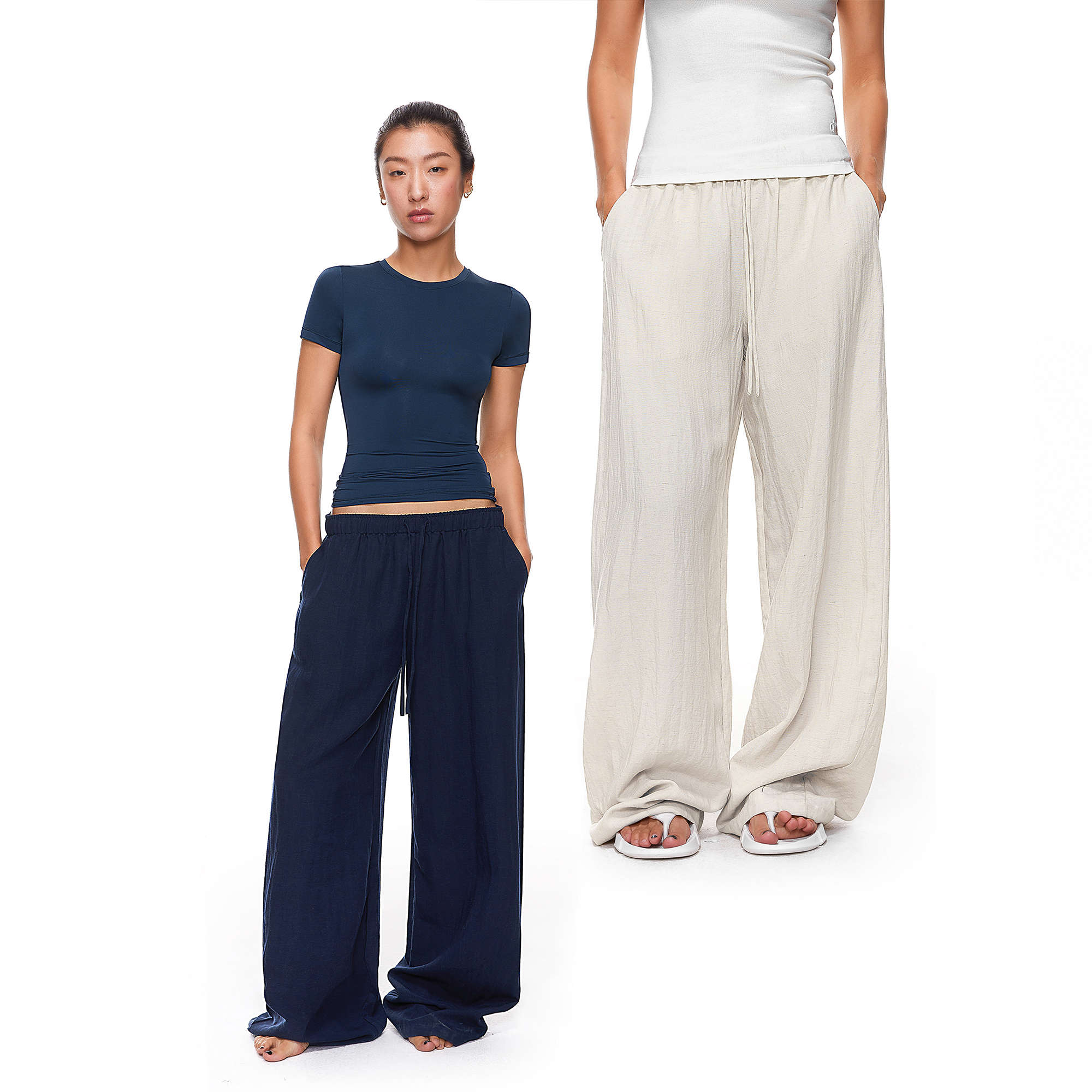 【178元任选3件】FDR官方店 凉感天丝麻透气休闲裤女低腰垂感阔腿裤宽松直筒长裤子