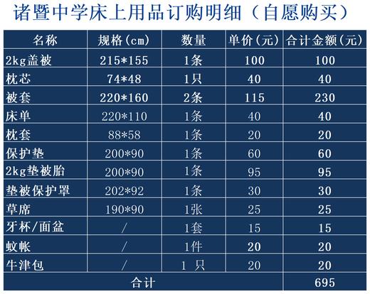 诸暨中学床上用品订购明细（自愿购买） 商品图1