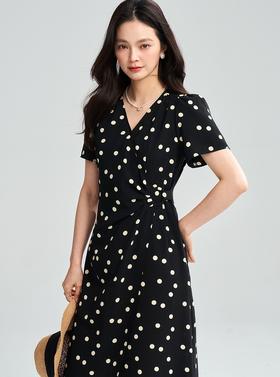 优雅经典波点收腰V领显瘦雪纺连衣裙