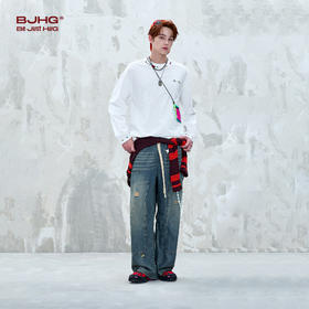 BJHG不计后果国潮彩绣纯棉长袖白色t恤男款春秋休闲内搭情侣装T恤