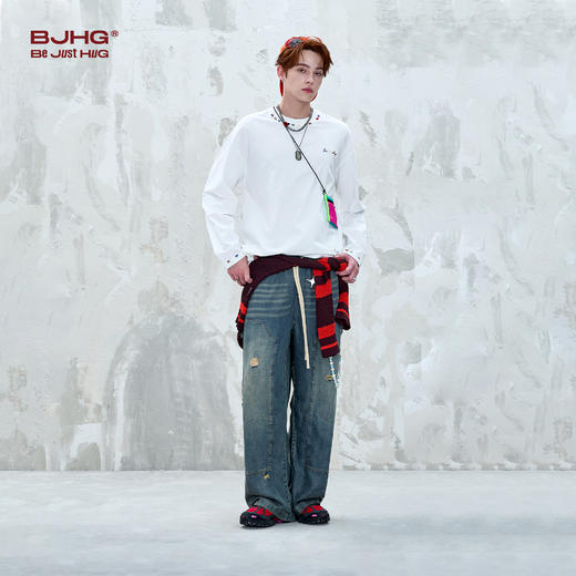 BJHG不计后果国潮彩绣纯棉长袖白色t恤男款春秋休闲内搭情侣装T恤 商品图0