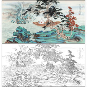 任重山水人物工笔画白描底稿《空舟抚琴图》临摹勾线高清打印稿RD74