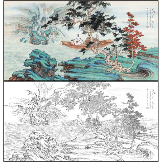 任重山水人物工笔画白描底稿《空舟抚琴图》临摹勾线高清打印稿RD74 商品图0