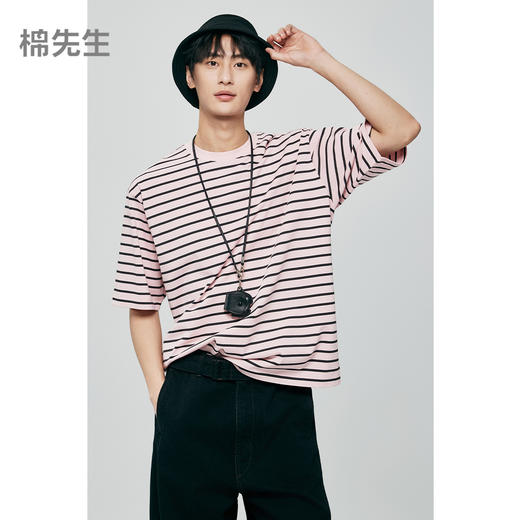 棉仓363801032-宽松落肩圆领条纹T 商品图0