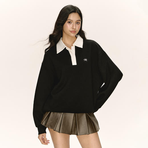 Ariseism 美式复古双色拼接POLO领卫衣外套女秋季新款宽松上衣 商品图2