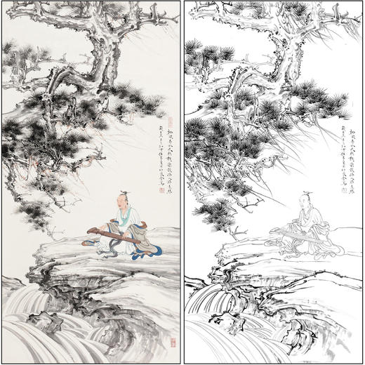 任重山水人物工笔画白描底稿《松下高士》临摹勾线高清打印稿RD78 商品图0